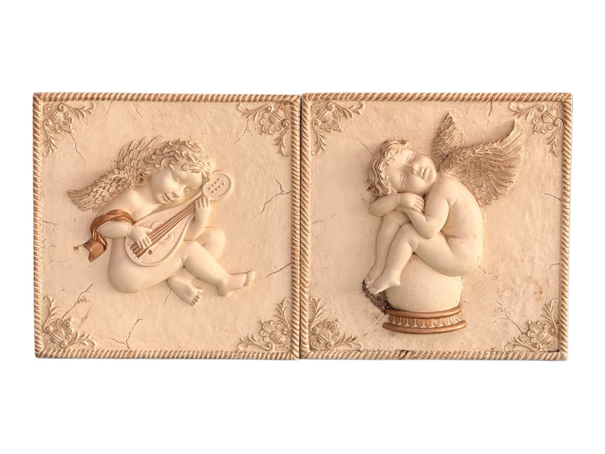 Pair of 30cm Victorian plaster cherub putti wall plaques, sleeping cherub and cherub with mandolin