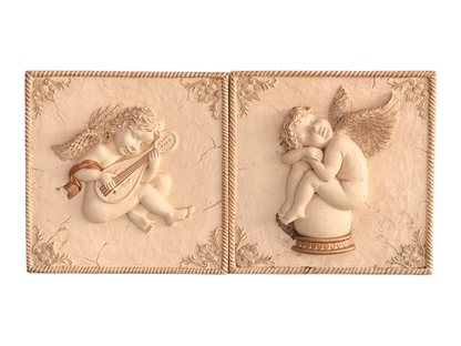 Pair of 30cm Victorian plaster cherub putti wall plaques, sleeping cherub and cherub with mandolin