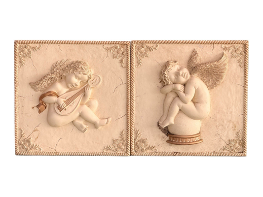 Pair of 30cm Victorian plaster cherub putti wall plaques, sleeping cherub and cherub with mandolin