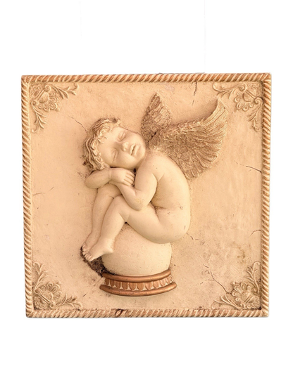 Victorian plaster cherub wall plaque with seated sleeping cherub