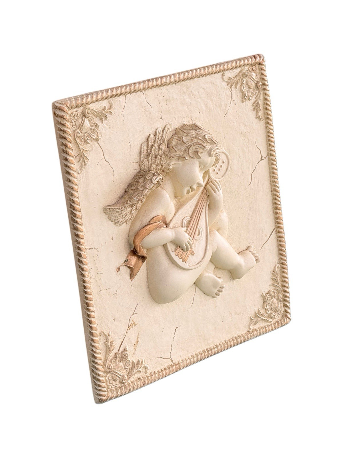 Victorian plaster cherub wall plaque with mandolin cherub, angled view