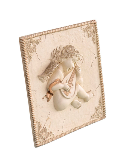 Victorian plaster cherub wall plaque with mandolin cherub, angled view