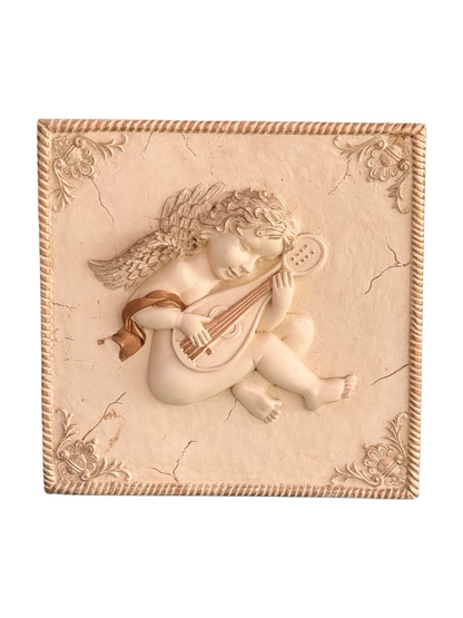 Victorian plaster cherub wall plaque with cherub playing a mandolin