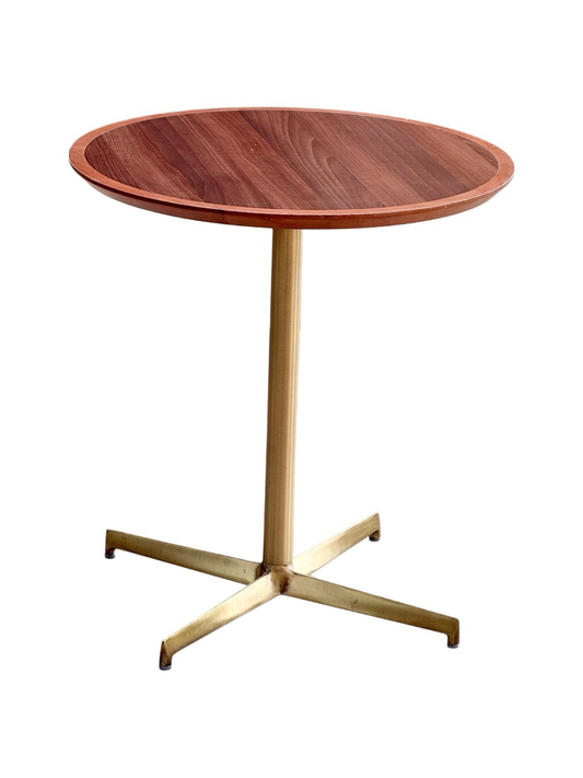 Pedrali Italian modern round side table with mahogany finish top and antique brass four-star base
