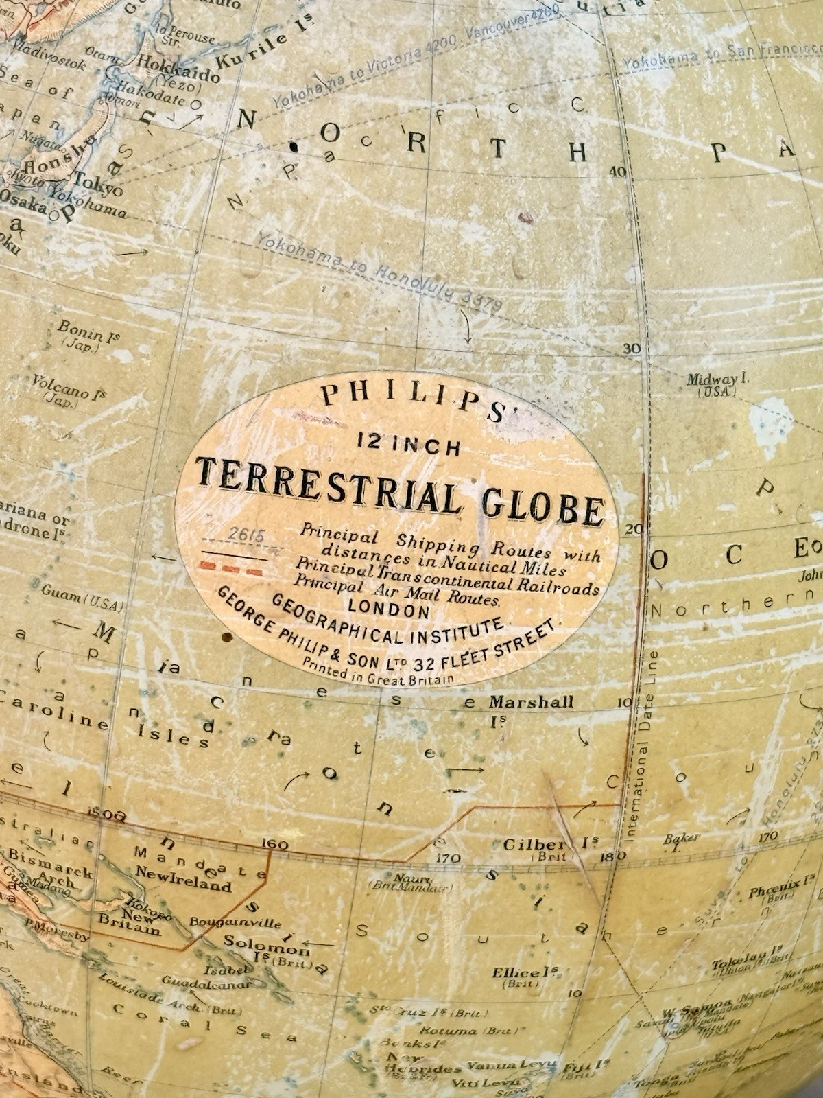 Close-up of Philips 12 inch Terrestrial Globe cartouche label