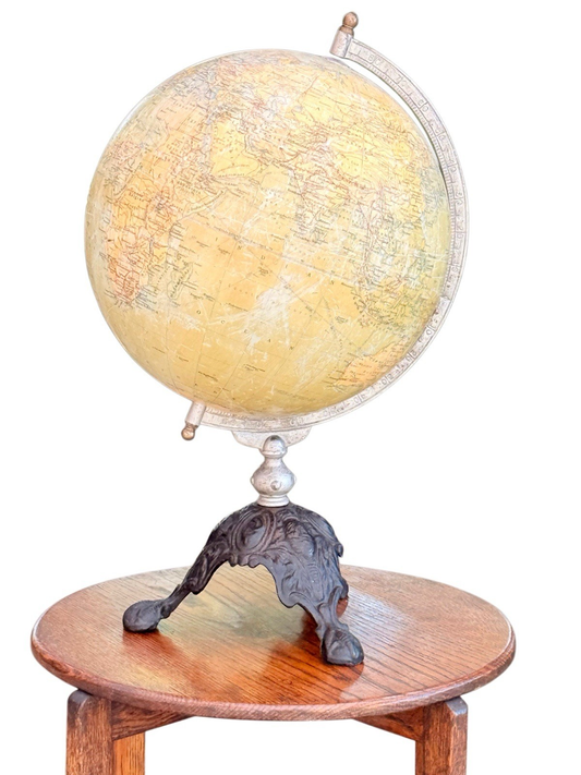 Philips 12 inch terrestrial globe, England c.1930s, printed paper gores, metal meridian and cast iron tripod base
