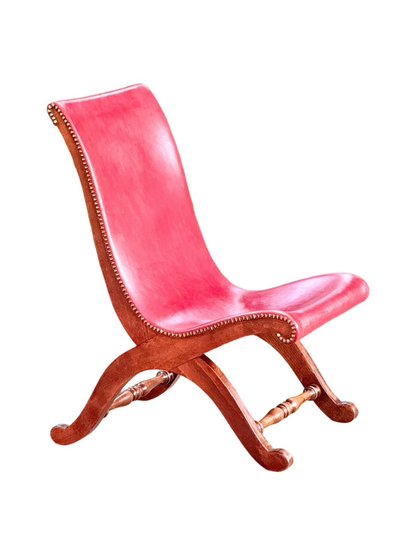 Pierre Lottier for Valmazan red leather slipper chair, angled front view