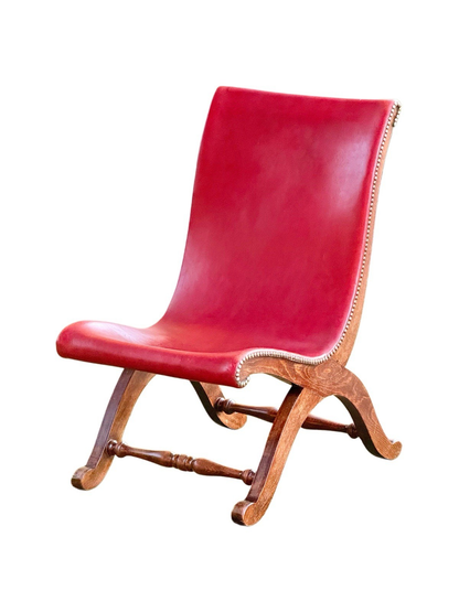 Pierre Lottier for Valmazan mid-century Spanish slipper chair, c.1950, beech with red leather and brass nailheads