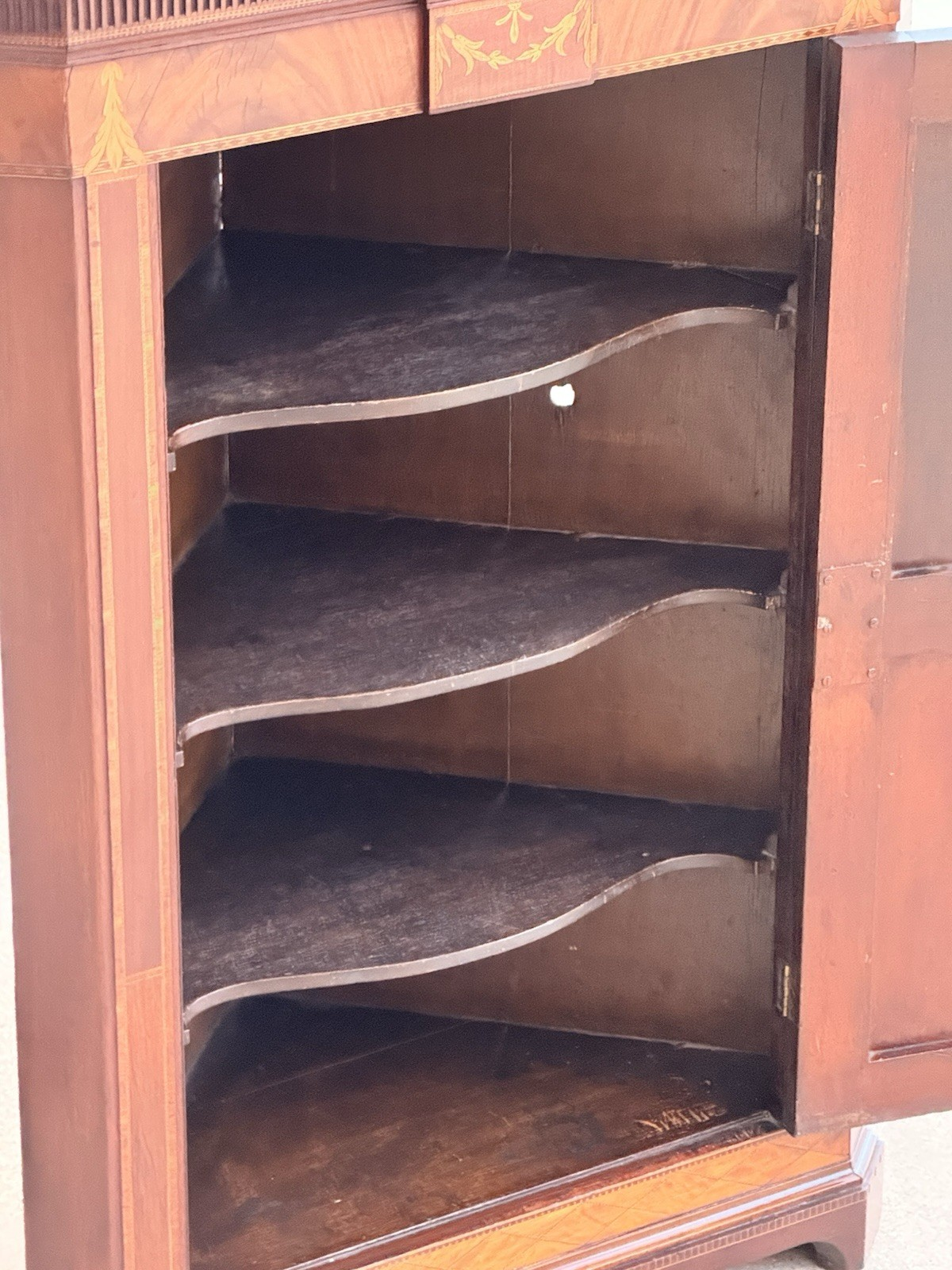 Close-up of interior serpentine shelves, mahogany corner cabinet