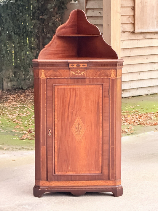 Edwards & Roberts mahogany inlaid corner cabinet, front view