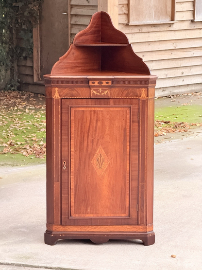 Edwards & Roberts mahogany inlaid corner cabinet, front view