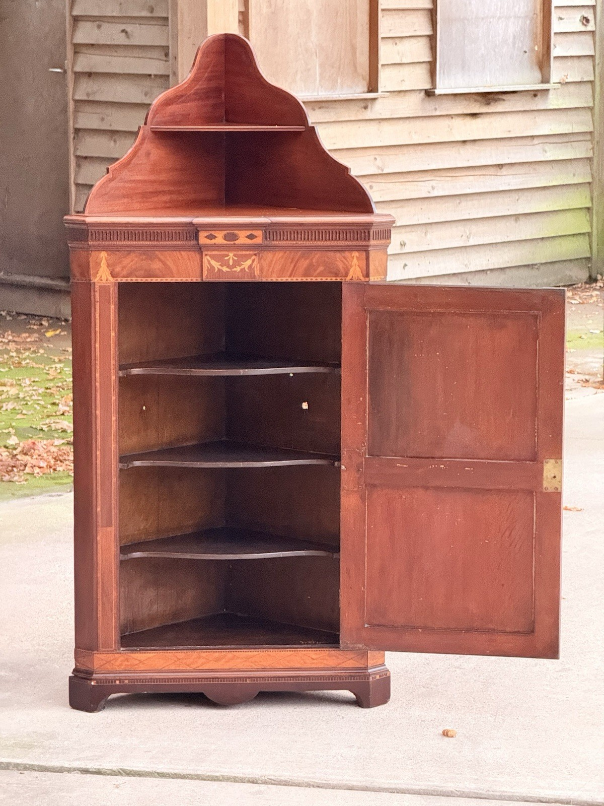 Edwards & Roberts mahogany inlaid corner cabinet with door open showing shaped shelves