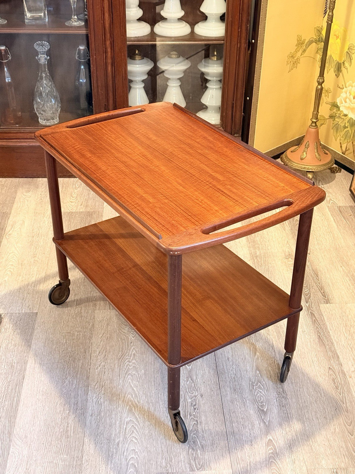 Danish mid-century Bowa teak drinks trolley in a room setting