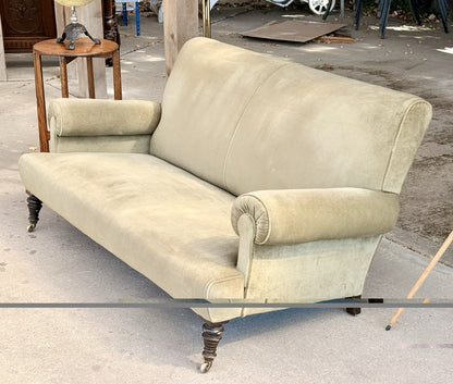 Sage velvet 19th-century sofa, three-quarter view from the left