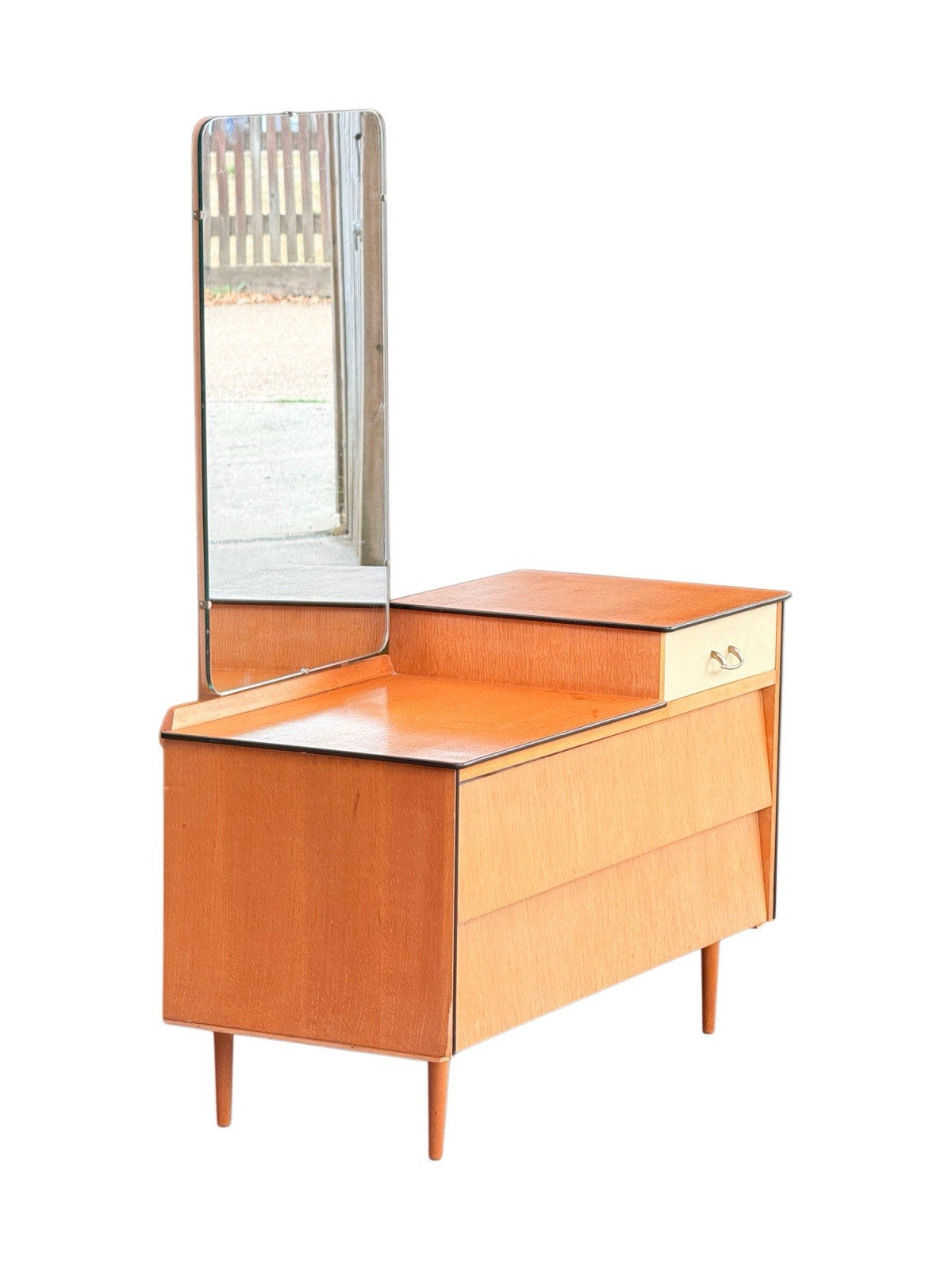 Avalon of Yatton mid-century dressing table, 1960s, with tall asymmetric mirror, cream jewellery drawer and tapered legs