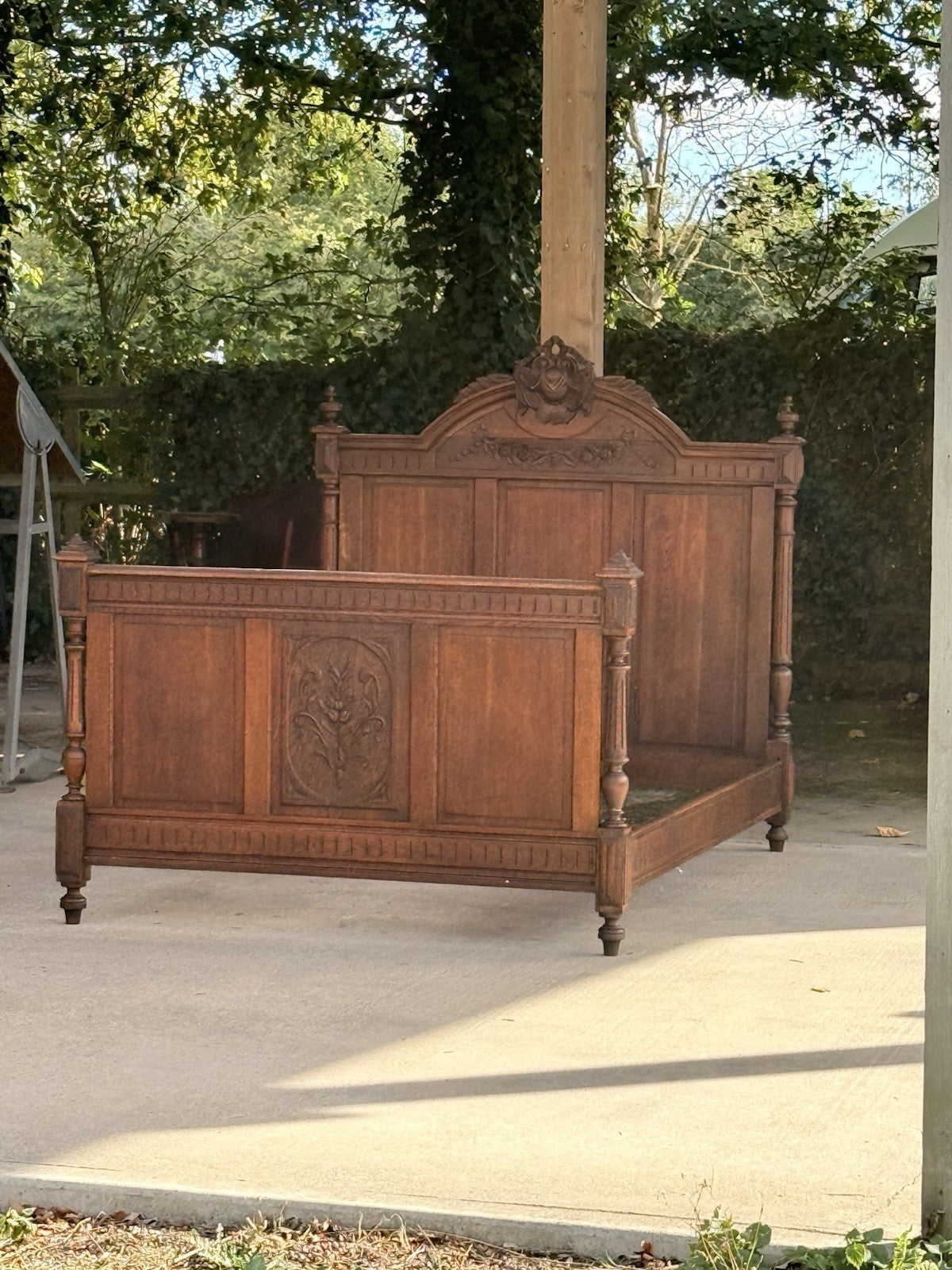 French Renaissance Revival oak double bed, headboard and footboard