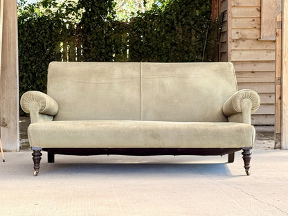 19th-century English deep-seated sofa in sage velvet, front view