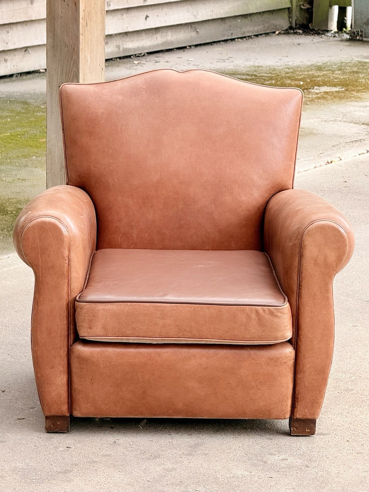 French Art Deco moustache leather club armchair, front view