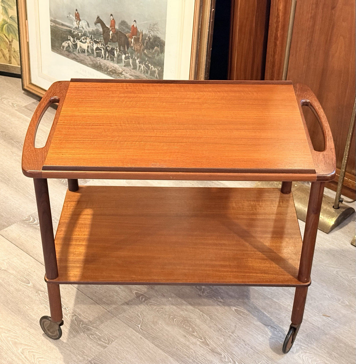 Bowa teak drinks trolley, front view showing both handles