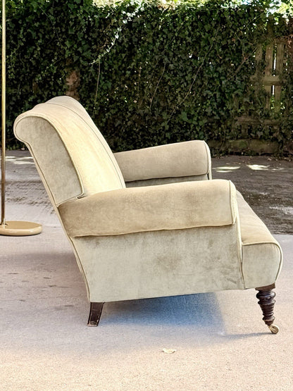 19th-century English sofa, side profile showing deep seat and scroll arm