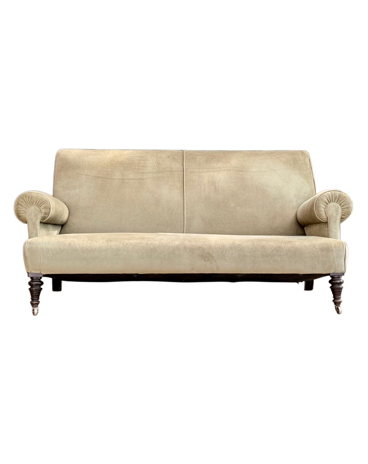 19th-century English neo-classical deep-seated sofa in sage velvet with scroll arms and turned legs on castors