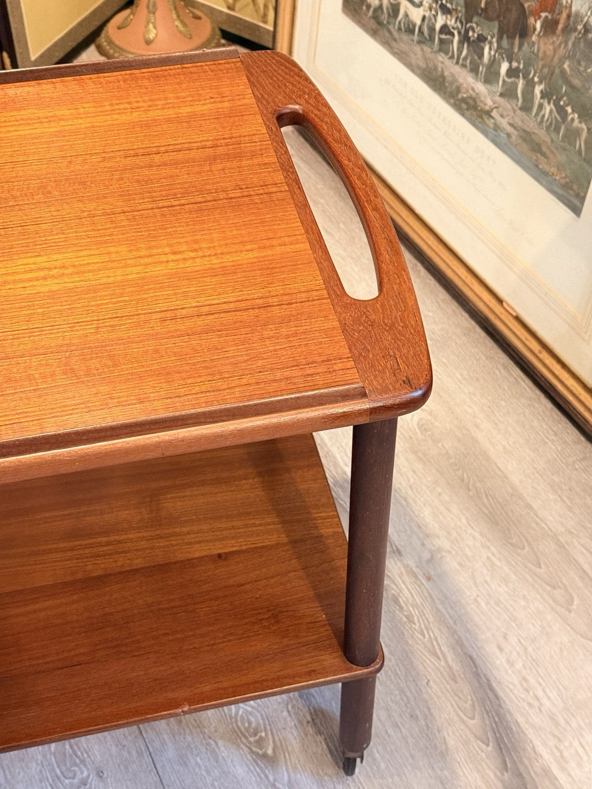 Bowa teak bar cart, detail of top tray edge and handle