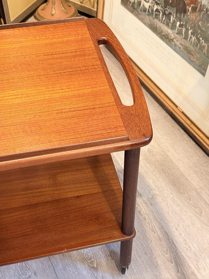 Bowa teak bar cart, detail of top tray edge and handle