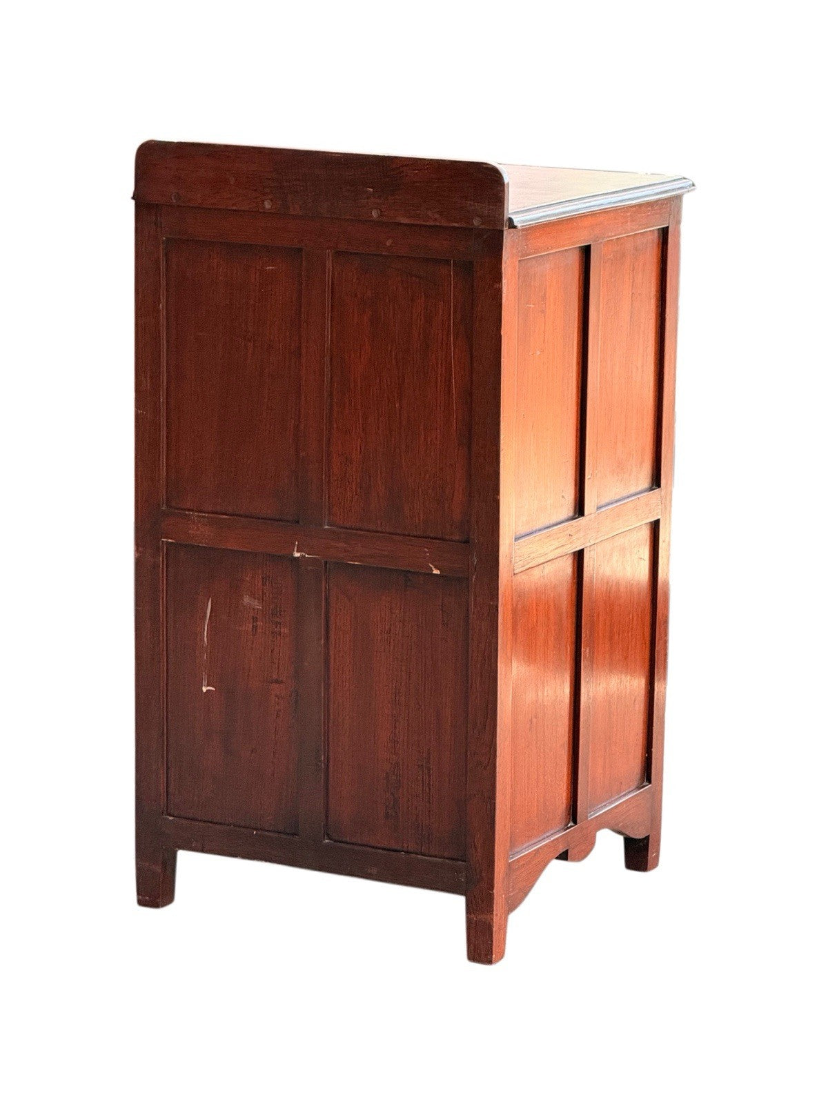Back view of the Arts & Crafts mahogany cabinet showing panelled back