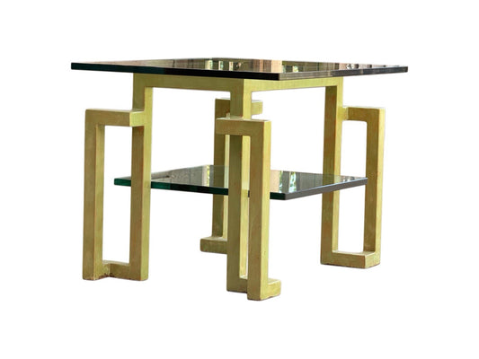 Architectural glass centre table attributed to Gonzalo de Salas, Spain, with green geometric metal base and glass shelf