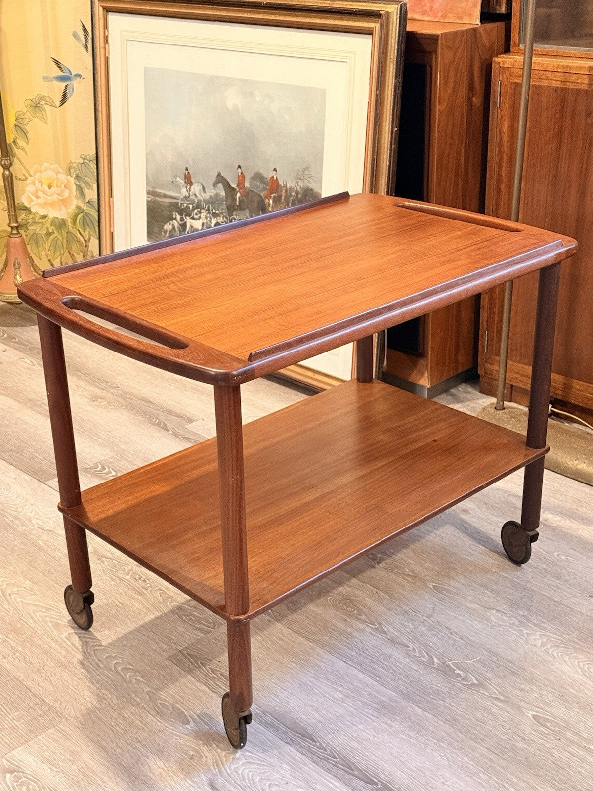 Bowa teak drinks trolley, three-quarter view showing both tiers