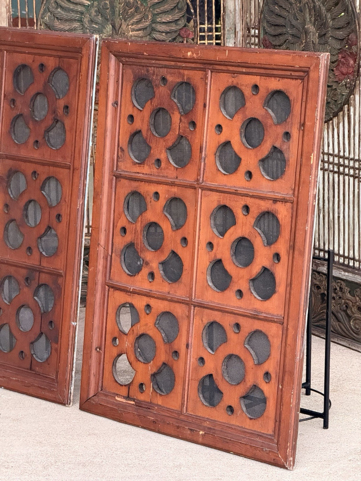 Antique carved pine ventilation panel, angled view