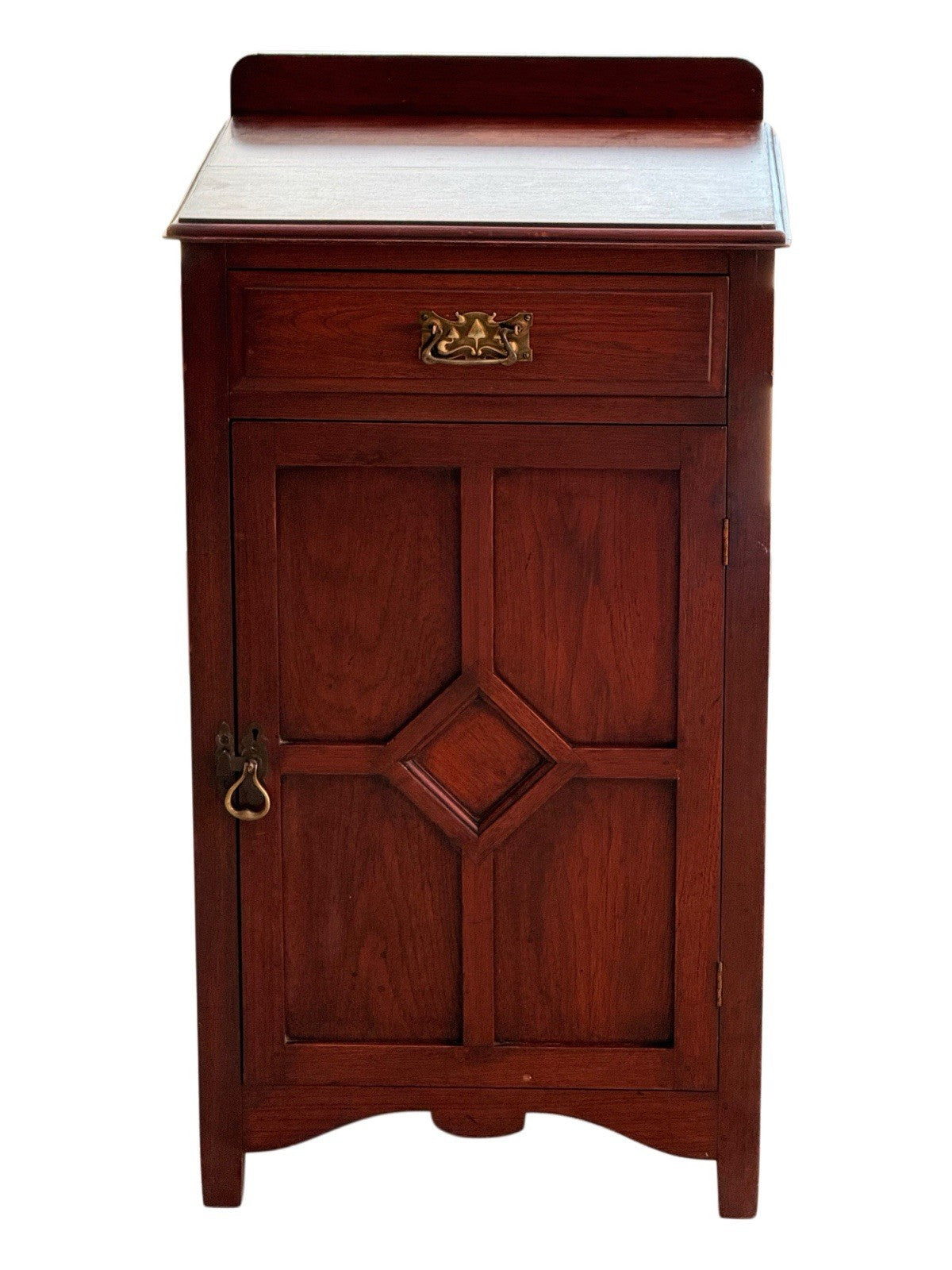Arts & Crafts mahogany freestanding side cabinet, c.1900, with raised gallery, drawer and diamond-panel door