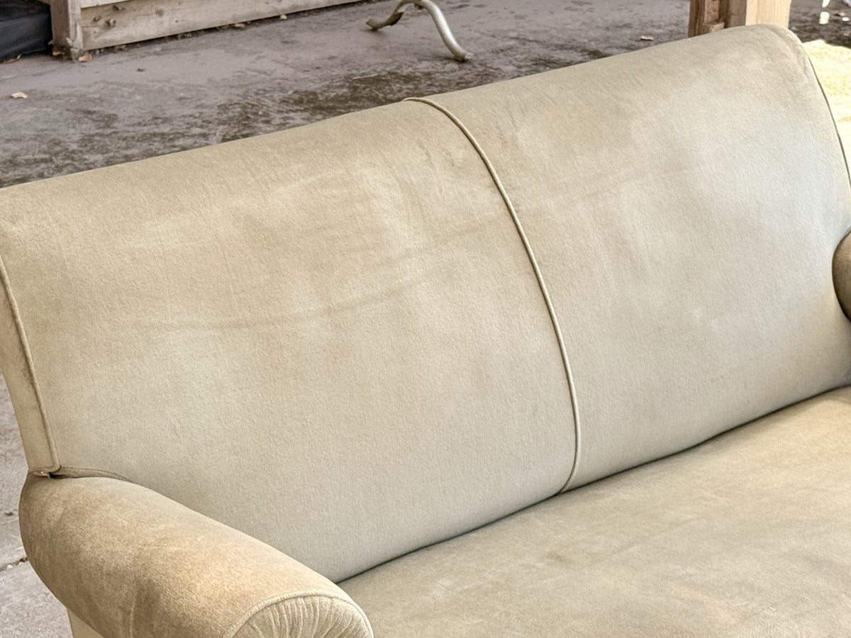 Close-up of sage velvet back and seat, 19th-century neo-classical sofa