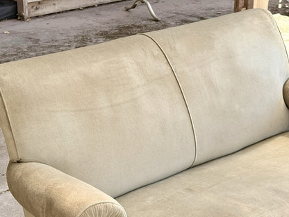 Close-up of sage velvet back and seat, 19th-century neo-classical sofa
