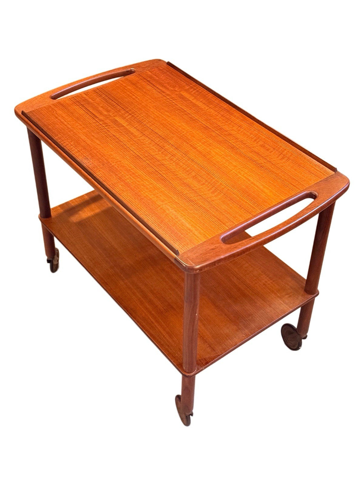 Bowa Denmark teak drinks trolley, 1960s Danish mid-century bar cart with cut-out handles and lower shelf on castors