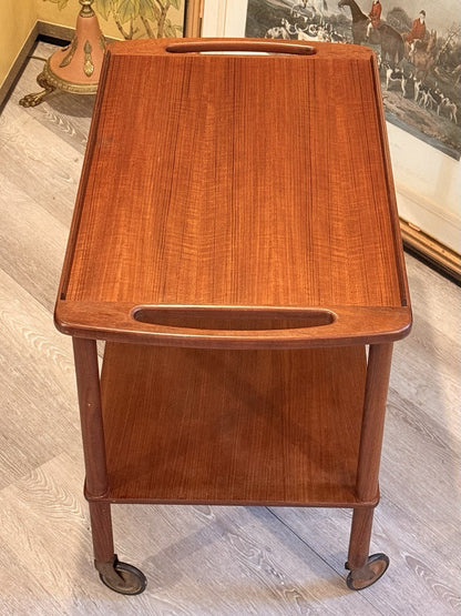 Bowa teak drinks trolley, end view on castors