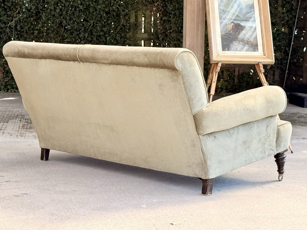 Back view of the 19th-century neo-classical sage velvet sofa