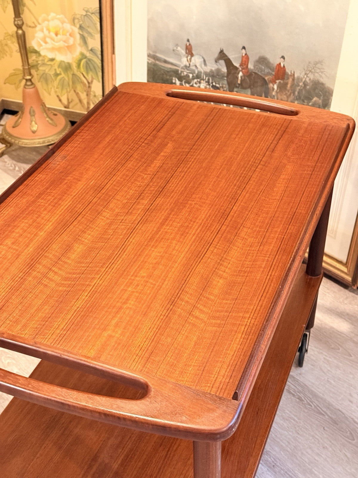 Bowa teak trolley top, angled view from above