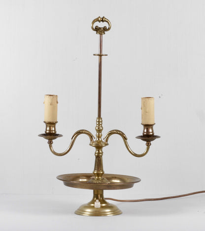 Vintage French ormolu brass bouillotte lamp with two arms rising from the column above a chased tray base