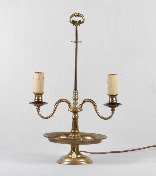 Vintage French ormolu brass bouillotte lamp with two arms rising from the column above a chased tray base