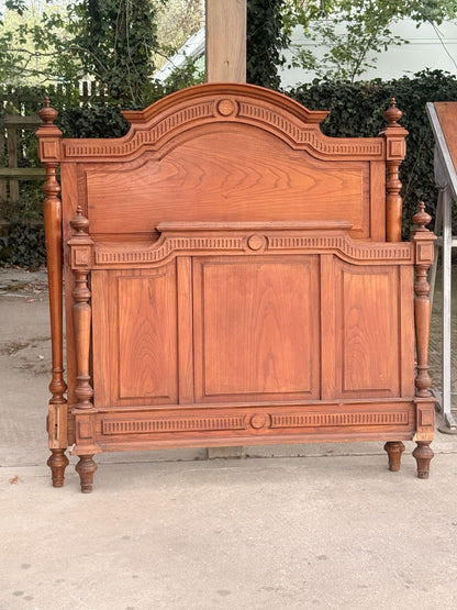French antique Henri II carved ash double bed attributed to Roudillon, headboard and footboard with turned posts