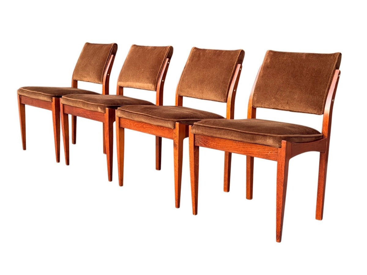 Set of four compact mid-century dining chairs, c.1960s, hardwood frames with chocolate brown upholstery
