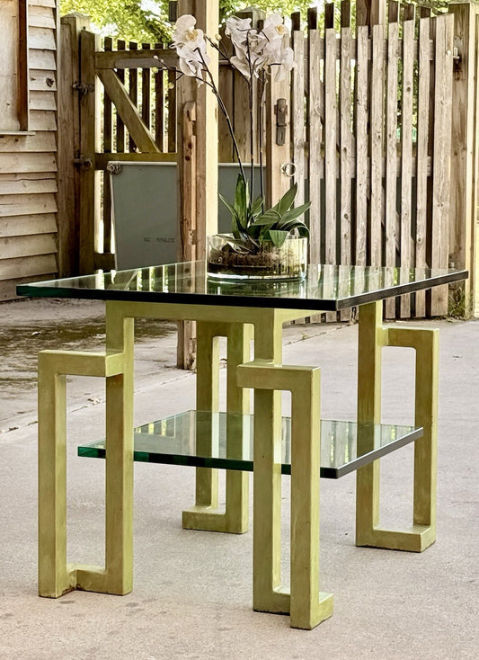 Gonzalo de Salas glass centre table, three-quarter view outdoors with orchid on top