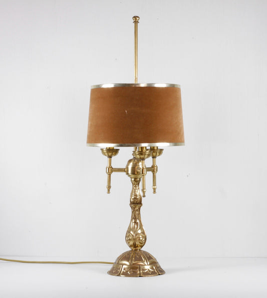 Vintage French Art Nouveau brass bouillotte lamp with three light branches and brown shade, 74cm