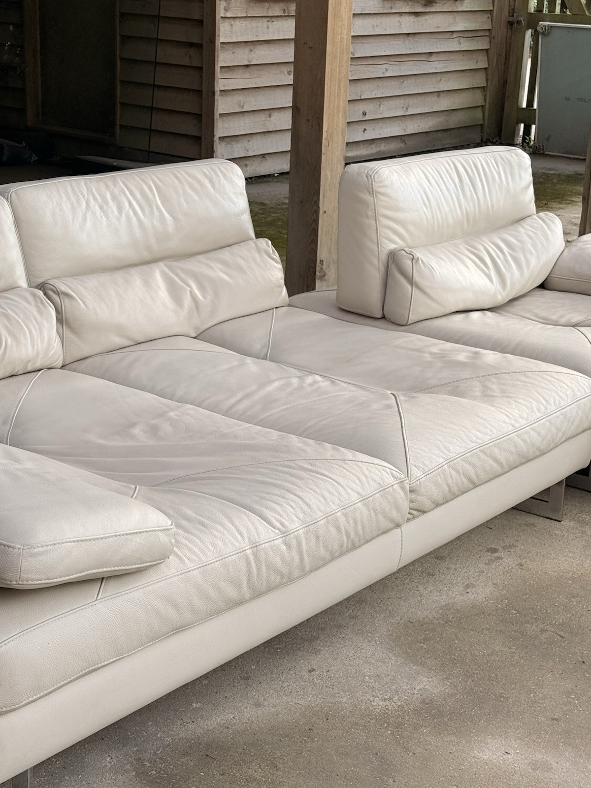 Roche Bobois Scénario ivory leather modular sofa, close angled view