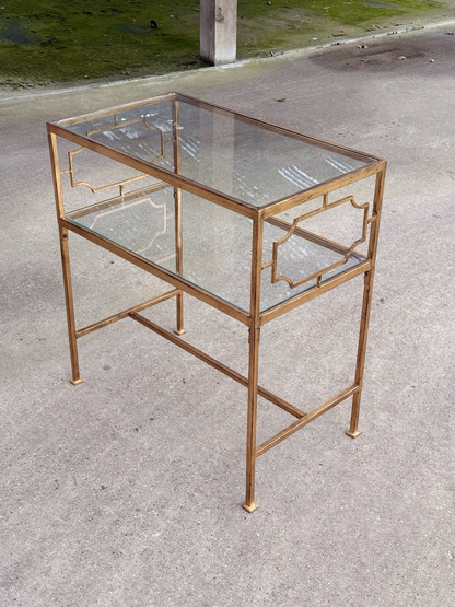 Uttermost Genell gold two-tier glass side table, corner view