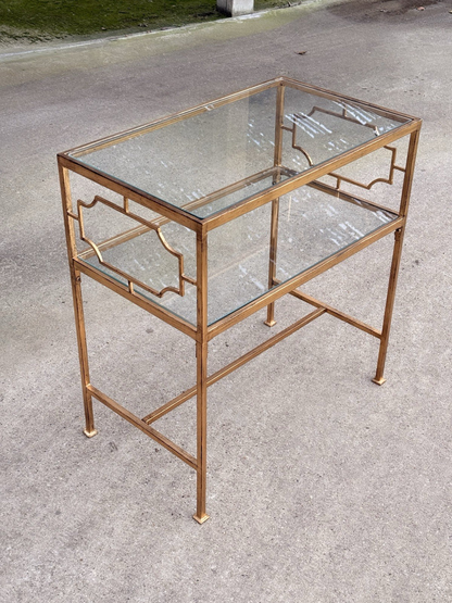 Uttermost Genell gold two-tier glass side table, angled view from above