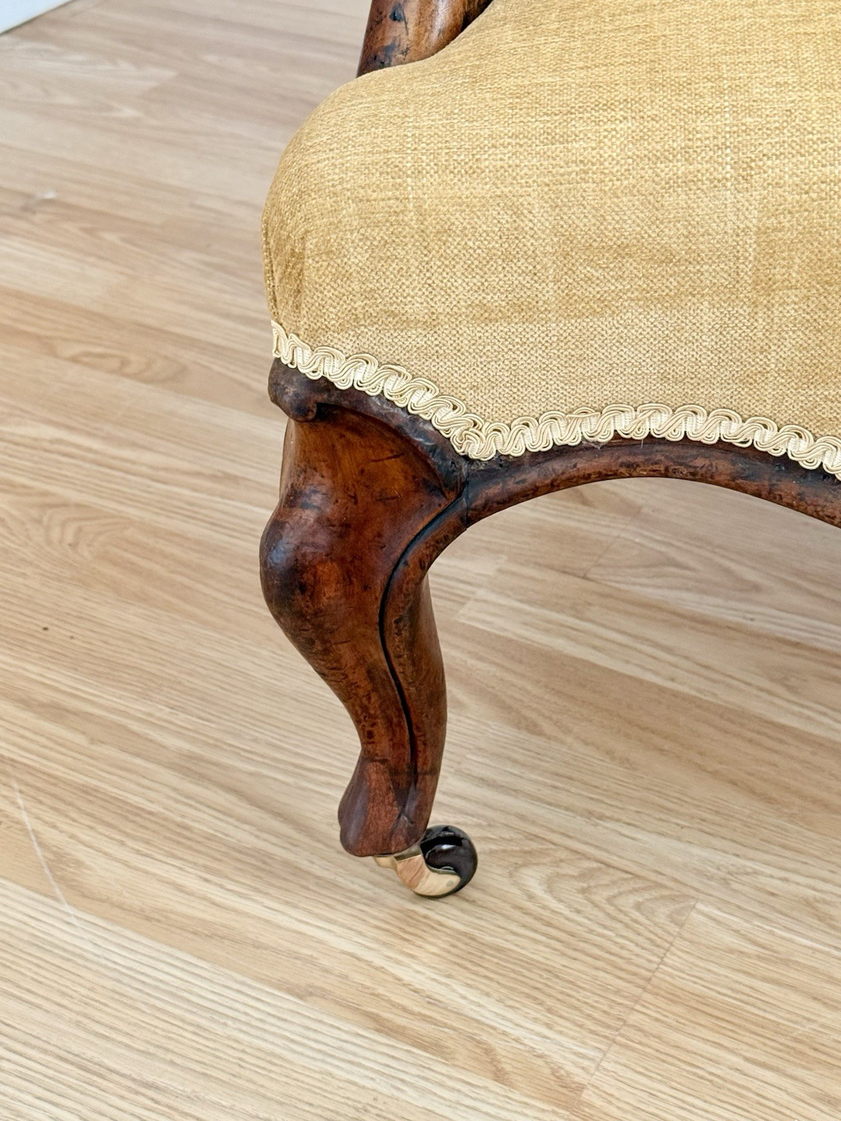 Close-up of carved cabriole front leg and caster, rosewood armchair