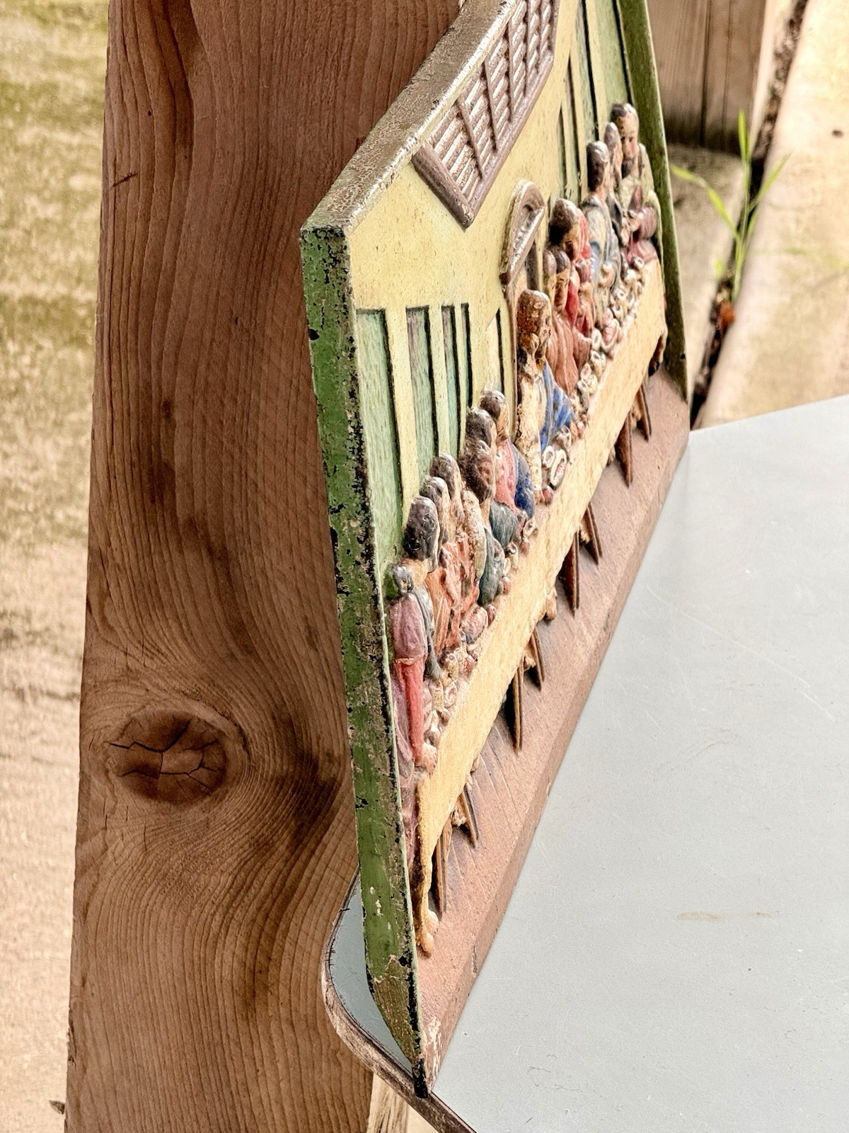 Side view showing the depth of the cast iron Last Supper plaque