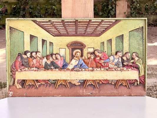 Victorian cast iron relief wall plaque of The Last Supper after Leonardo da Vinci, c.1880, painted in period colours